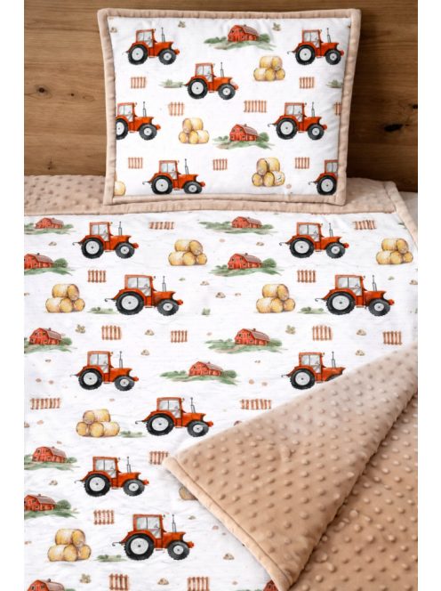 Traktorok karamell-minky, pamutvászon takaró párna szett