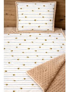   Csíkos méhecskés karamell-minky, pamutvászon takaró párna szett
