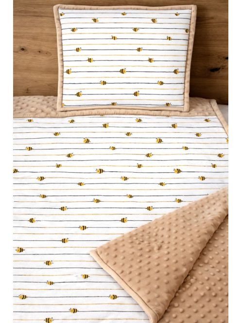 Csíkos méhecskés karamell-minky, pamutvászon takaró párna szett