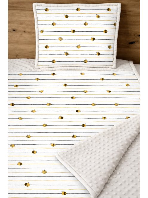Ecrü méhecskék-minky, pamutvászon takaró párna szett