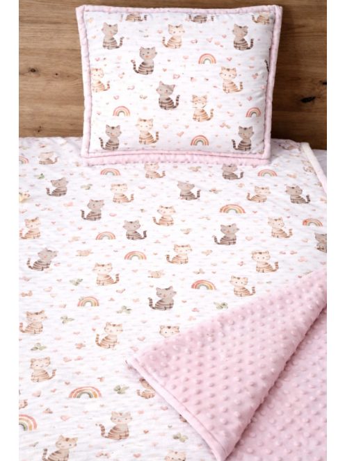 Cicák rózsaszín-minky, pamutvászon takaró párna szett