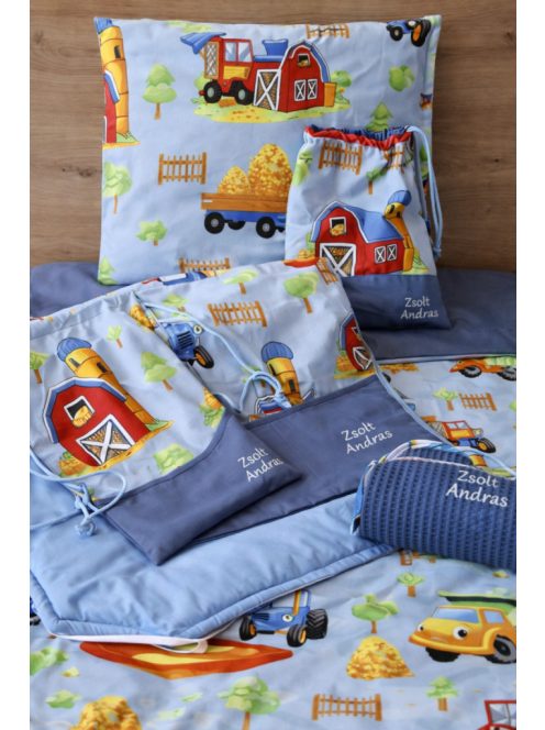 Minőségi pamutvászon ovis kezdő szett – 6 részes-farm kék-szilvakék mintával.