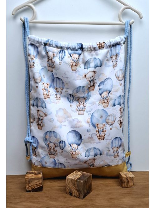 Maci kék-mustár-prémium takaró, párna huzat-6 darabos, ovis kezdő szett.