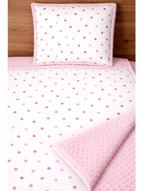 Rózsaszín pöttyök-minky, pamutvászon takaró párna szett