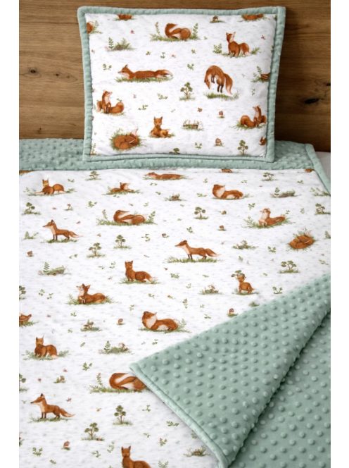 Róka élet,zsálya-minky, pamutvászon takaró párna szett